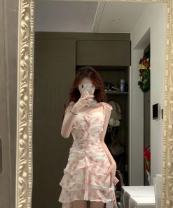Floral Spaghetti Strap Dress for Women â€“ French Style, Waist-Cinching, Ruffled Irregular Short Skirt, Summer Fashion, Hot Girl Look