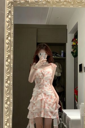 Floral Spaghetti Strap Dress for Women â€“ French Style, Waist-Cinching, Ruffled Irregular Short Skirt, Summer Fashion, Hot Girl Look