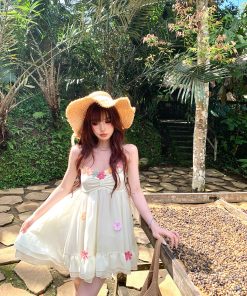 Floral Spaghetti Strap Dress for Women, Spring French-Style Vacation Wear, Sweet Slim Fairy Short Skirt, Summer 90s Y2K Fashion