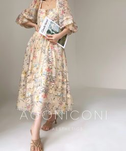 Floral Sweet Pear Cloud Print Puff Sleeve Doll Dress - Loose Slimming Style, Perfect for Y2K and Korean Fashion Trends