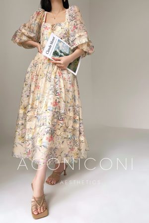 Floral Sweet Pear Cloud Print Puff Sleeve Doll Dress - Loose Slimming Style, Perfect for Y2K and Korean Fashion Trends
