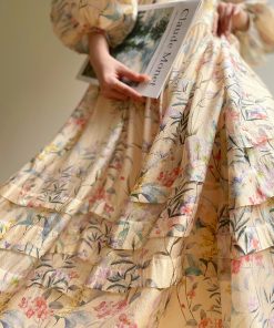 Floral Sweet Pear Cloud Print Puff Sleeve Doll Dress - Loose Slimming Style, Perfect for Y2K and Korean Fashion Trends