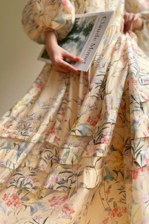 Floral Sweet Pear Cloud Print Puff Sleeve Doll Dress - Loose Slimming Style, Perfect for Y2K and Korean Fashion Trends