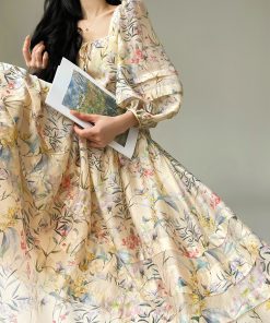 Floral Sweet Pear Cloud Print Puff Sleeve Doll Dress - Loose Slimming Style, Perfect for Y2K and Korean Fashion Trends