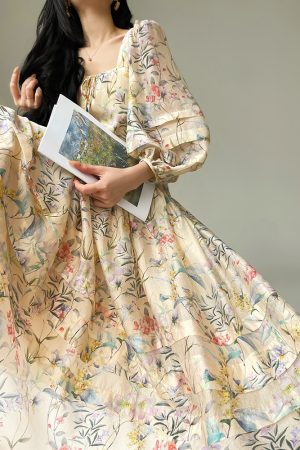 Floral Sweet Pear Cloud Print Puff Sleeve Doll Dress - Loose Slimming Style, Perfect for Y2K and Korean Fashion Trends