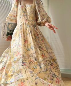 Floral Sweet Pear Cloud Print Puff Sleeve Doll Dress - Loose Slimming Style, Perfect for Y2K and Korean Fashion Trends