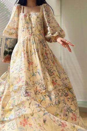 Floral Sweet Pear Cloud Print Puff Sleeve Doll Dress - Loose Slimming Style, Perfect for Y2K and Korean Fashion Trends