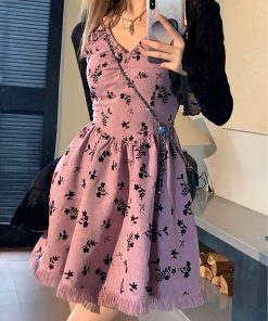 Floral Tassel Neck Hanging Strap Dress for Women - Waist-Cinching, Short Skirt Design for Petite Figures, Summer Style