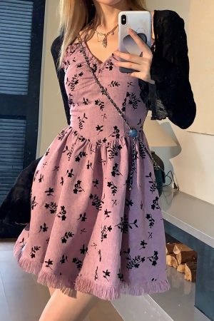 Floral Tassel Neck Hanging Strap Dress for Women - Waist-Cinching, Short Skirt Design for Petite Figures, Summer Style