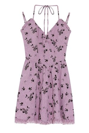 Floral Tassel Neck Hanging Strap Dress for Women - Waist-Cinching, Short Skirt Design for Petite Figures, Summer Style