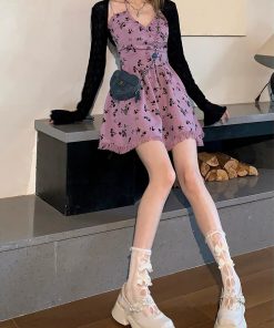 Floral Tassel Neck Hanging Strap Dress for Women - Waist-Cinching, Short Skirt Design for Petite Figures, Summer Style
