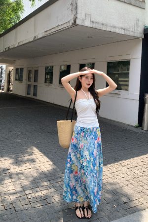 Floral Tie A-Line Long Skirt - High-Waisted Summer Umbrella Skirt for Vacation Style - Slimming 90s Inspired Fashion