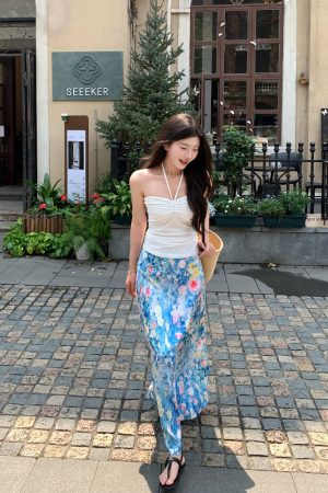 Floral Tie A-Line Long Skirt - High-Waisted Summer Umbrella Skirt for Vacation Style - Slimming 90s Inspired Fashion