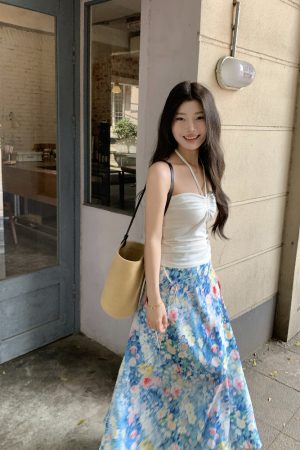 Floral Tie A-Line Long Skirt - High-Waisted Summer Umbrella Skirt for Vacation Style - Slimming 90s Inspired Fashion