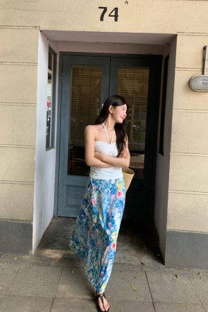 Floral Tie A-Line Long Skirt - High-Waisted Summer Umbrella Skirt for Vacation Style - Slimming 90s Inspired Fashion