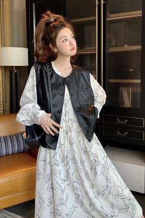 Floral Two-Piece Dress Set with Slimming Leather Vest for Women â€“ 2025 Spring Autumn Fashion, Elegant French Style