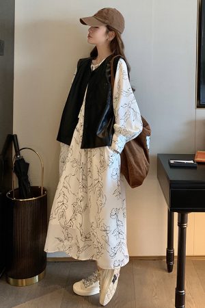 Floral Two-Piece Dress Set with Slimming Leather Vest for Women â€“ 2025 Spring Autumn Fashion, Elegant French Style