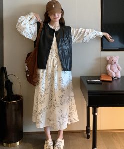 Floral Two-Piece Dress Set with Slimming Leather Vest for Women â€“ 2025 Spring Autumn Fashion, Elegant French Style