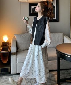 Floral Two-Piece Dress Set with Slimming Leather Vest for Women â€“ 2025 Spring Autumn Fashion, Elegant French Style