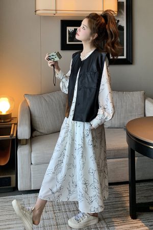 Floral Two-Piece Dress Set with Slimming Leather Vest for Women â€“ 2025 Spring Autumn Fashion, Elegant French Style