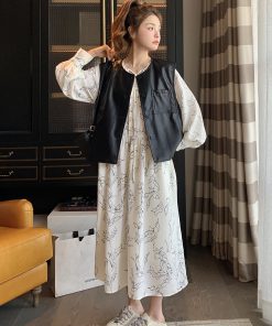 Floral Two-Piece Dress Set with Slimming Leather Vest for Women â€“ 2025 Spring Autumn Fashion, Elegant French Style