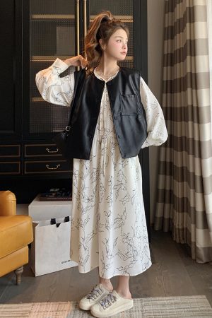 Floral Two-Piece Dress Set with Slimming Leather Vest for Women â€“ 2025 Spring Autumn Fashion, Elegant French Style