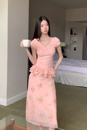 Floral V-neck Button Slim Fit Short Sleeve Top & Fish Tail Double Layer Skirt Set - Summer Chic, Y2K Inspired Style
