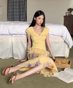 Floral V-neck Button Slim Fit Short Sleeve Top & Fish Tail Double Layer Skirt Set - Summer Chic, Y2K Inspired Style