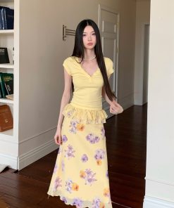 Floral V-neck Button Slim Fit Short Sleeve Top & Fish Tail Double Layer Skirt Set - Summer Chic, Y2K Inspired Style