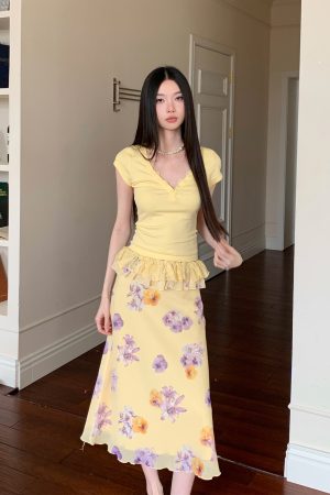 Floral V-neck Button Slim Fit Short Sleeve Top & Fish Tail Double Layer Skirt Set - Summer Chic, Y2K Inspired Style