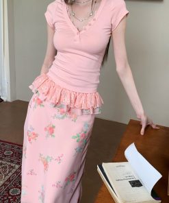 Floral V-neck Button Slim Fit Short Sleeve Top & Fish Tail Double Layer Skirt Set - Summer Chic, Y2K Inspired Style