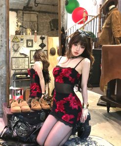 Floral Wild Rose One-Shoulder Embroidered Mesh Dress for Women - Spring Summer Bodycon Mini Skirt, Hot Girl Style