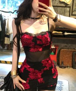 Floral Wild Rose One-Shoulder Embroidered Mesh Dress for Women - Spring Summer Bodycon Mini Skirt, Hot Girl Style