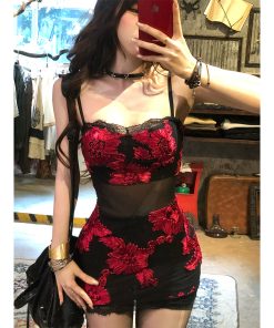 Floral Wild Rose One-Shoulder Embroidered Mesh Dress for Women - Spring Summer Bodycon Mini Skirt, Hot Girl Style