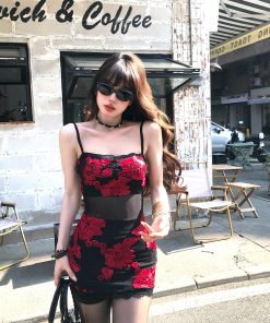 Floral Wild Rose One-Shoulder Embroidered Mesh Dress for Women - Spring Summer Bodycon Mini Skirt, Hot Girl Style