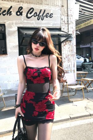 Floral Wild Rose One-Shoulder Embroidered Mesh Dress for Women - Spring Summer Bodycon Mini Skirt, Hot Girl Style