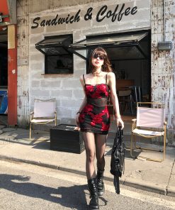 Floral Wild Rose One-Shoulder Embroidered Mesh Dress for Women - Spring Summer Bodycon Mini Skirt, Hot Girl Style