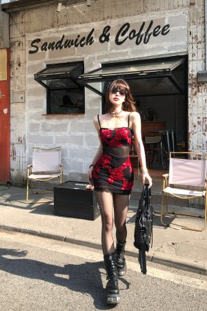 Floral Wild Rose One-Shoulder Embroidered Mesh Dress for Women - Spring Summer Bodycon Mini Skirt, Hot Girl Style