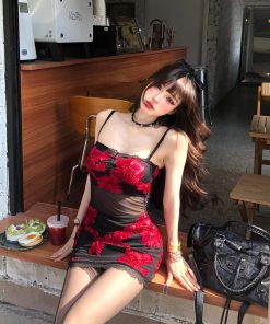 Floral Wild Rose One-Shoulder Embroidered Mesh Dress for Women - Spring Summer Bodycon Mini Skirt, Hot Girl Style