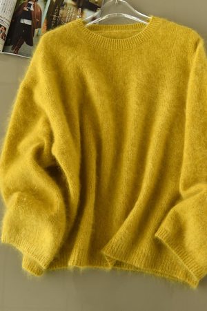 Floral Yarn Cashmere Blend Sweater - Soft Loose Round Neck Pullover for Atmospheric Aesthetic Cozy Style