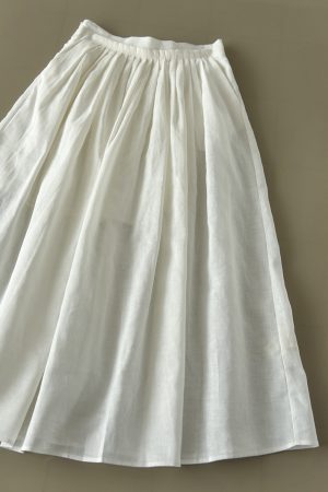 Flowy High-Waisted Pleated A-Line Skirt in White - Fairy-Like Ramie Cotton Design with Lining for Effortless Style