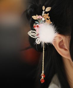 Fluffy Autumn Winter Hair Clips for Kids, Ancient Style Hanfu Hairpins & Fairy Side Clips for Girls' Qipao
