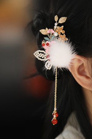 Fluffy Autumn Winter Hair Clips for Kids, Ancient Style Hanfu Hairpins & Fairy Side Clips for Girls' Qipao