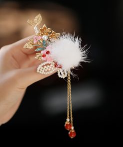 Fluffy Autumn Winter Hair Clips for Kids, Ancient Style Hanfu Hairpins & Fairy Side Clips for Girls' Qipao