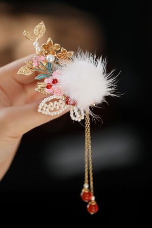 Fluffy Autumn Winter Hair Clips for Kids, Ancient Style Hanfu Hairpins & Fairy Side Clips for Girls' Qipao