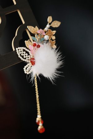 Fluffy Autumn Winter Hair Clips for Kids, Ancient Style Hanfu Hairpins & Fairy Side Clips for Girls' Qipao