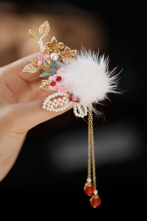 Fluffy Autumn Winter Hair Clips for Kids, Ancient Style Hanfu Hairpins & Fairy Side Clips for Girls' Qipao