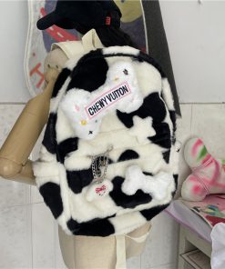 Fluffy Cow-Themed Backpack for Students, Double Shoulder Bag, Niche Streetwear, Cute Plush Design, Trendy and Functional
