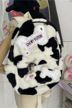 Fluffy Cow-Themed Backpack for Students, Double Shoulder Bag, Niche Streetwear, Cute Plush Design, Trendy and Functional