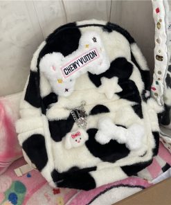 Fluffy Cow-Themed Backpack for Students, Double Shoulder Bag, Niche Streetwear, Cute Plush Design, Trendy and Functional
